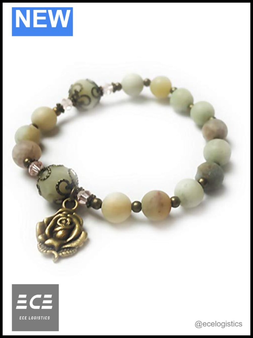 Amazonite Bead Rosary Bracelet with Our Lady of Lourdes Rose Charm